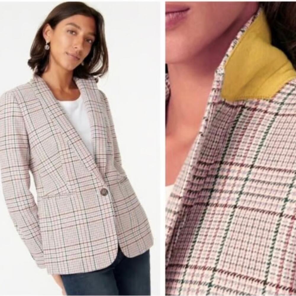 J.Crew Parke Blazer Womens 4 Pink/Ivory Plaid Italian Wool Single-breasted AQ234